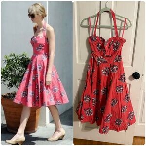 Anthropologie Girls From Savoy Coral Floral Halter Fit & Flare Dress Retro Midi